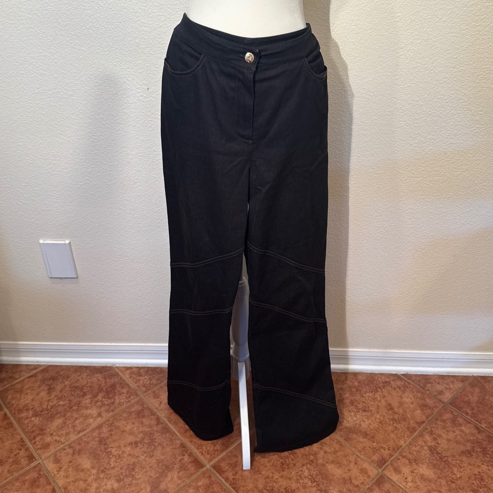 St John Sport Black Wide Leg‎ Contrast Stitch Diagonal Panel Pants Gold Button